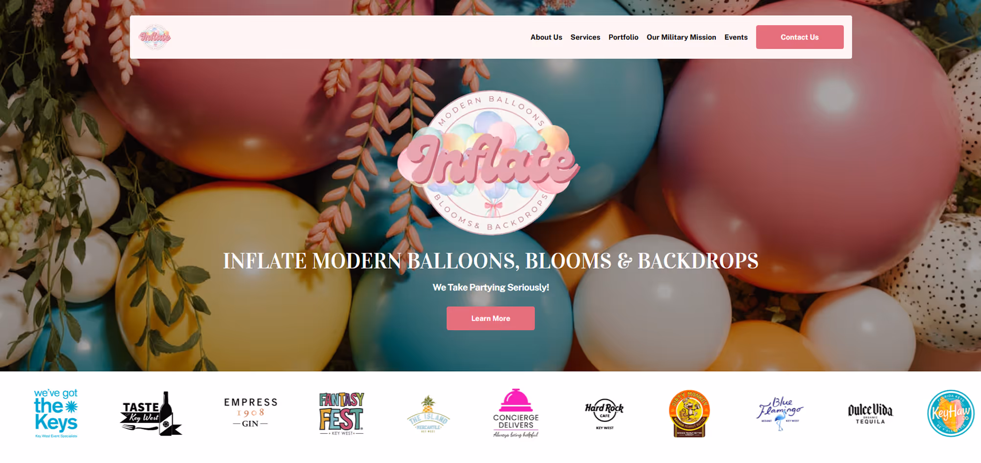 Inflate Modern Balloons, Blooms and Backdrops event website homepage hero design